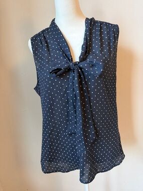 Sleeveless Navy Polka Dot Tie-Neck Blouse